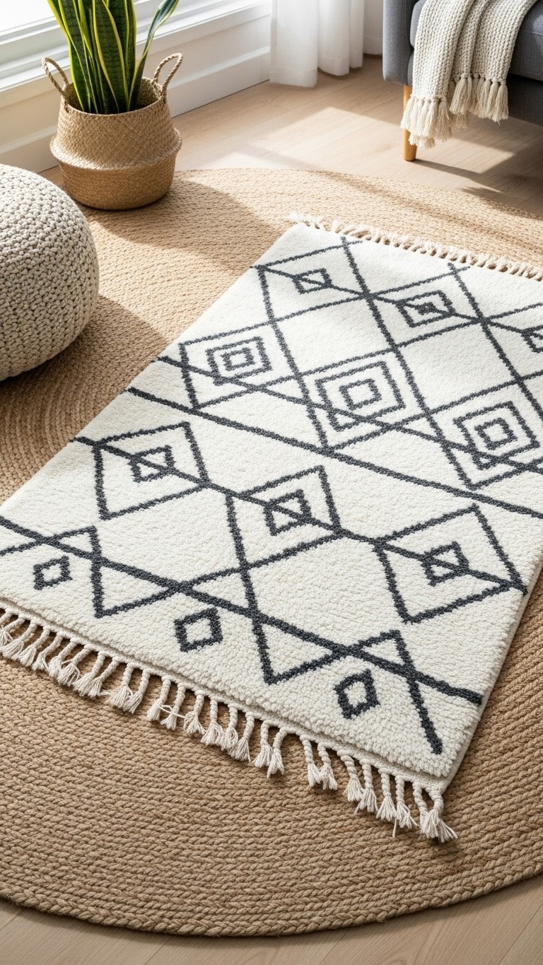 A stylish black and white geometric shag rug is layered on top of a larger round natural jute rug, adding texture and pattern to a living area.
