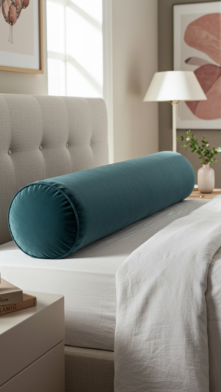 A long, cylindrical bolster pillow in teal velvet, positioned on a white-sheeted bed with a gray upholstered headboard.