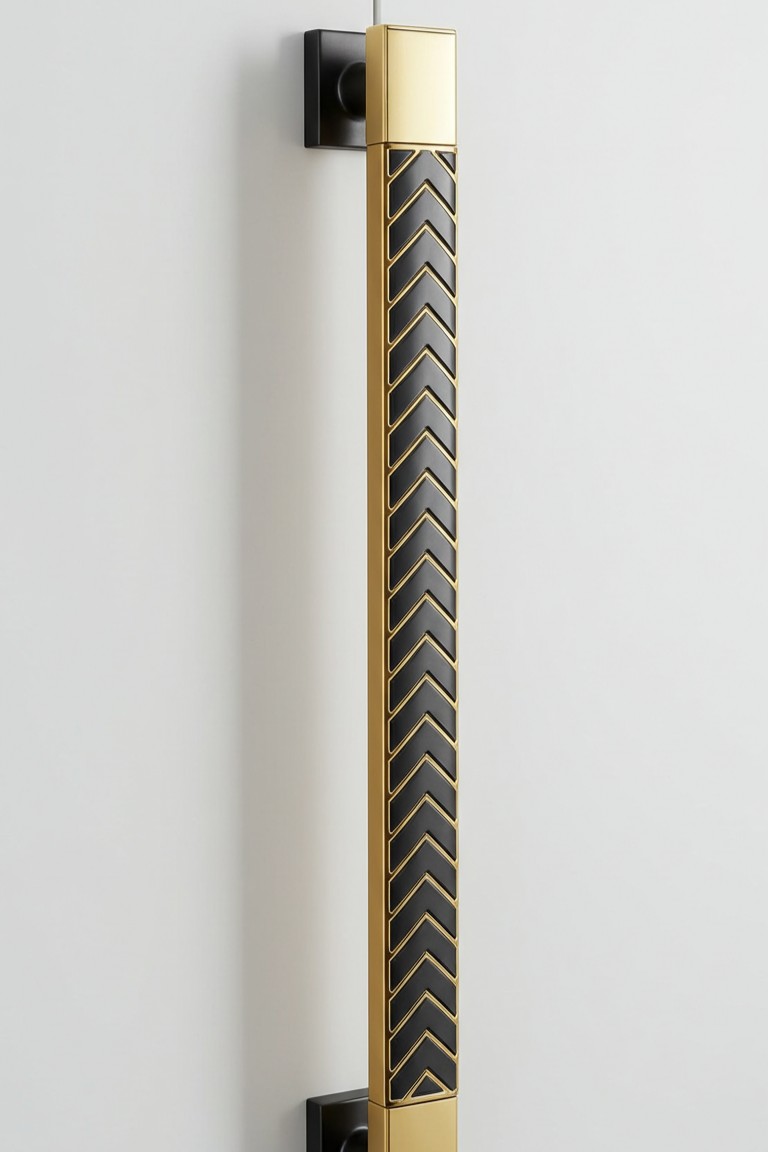 A Deeper Look at 7 Art Deco Handles That Tell a Story 4 A tall, modern Art Deco door handle featuring a gold and black chevron pattern on a white door.