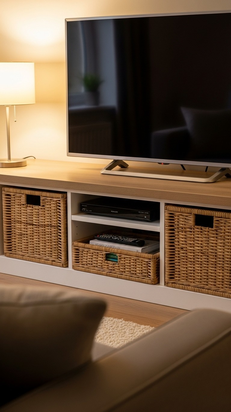 Natural-toned woven baskets used as storage drawers within the white compartments of a TV stand, below a flatscreen television.