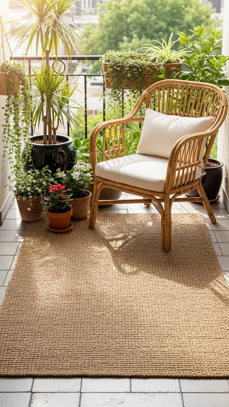 A rectangular natural fiber rug creates a cozy seating area on a tiled balcony, furnished with a rattan chair and surrounded by many green potted plants.