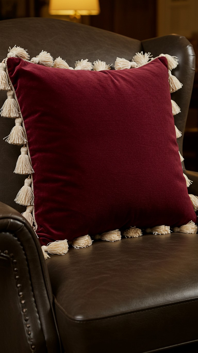 A square, deep burgundy velvet pillow with a cream-colored tassel fringe, sitting in a dark brown leather armchair.