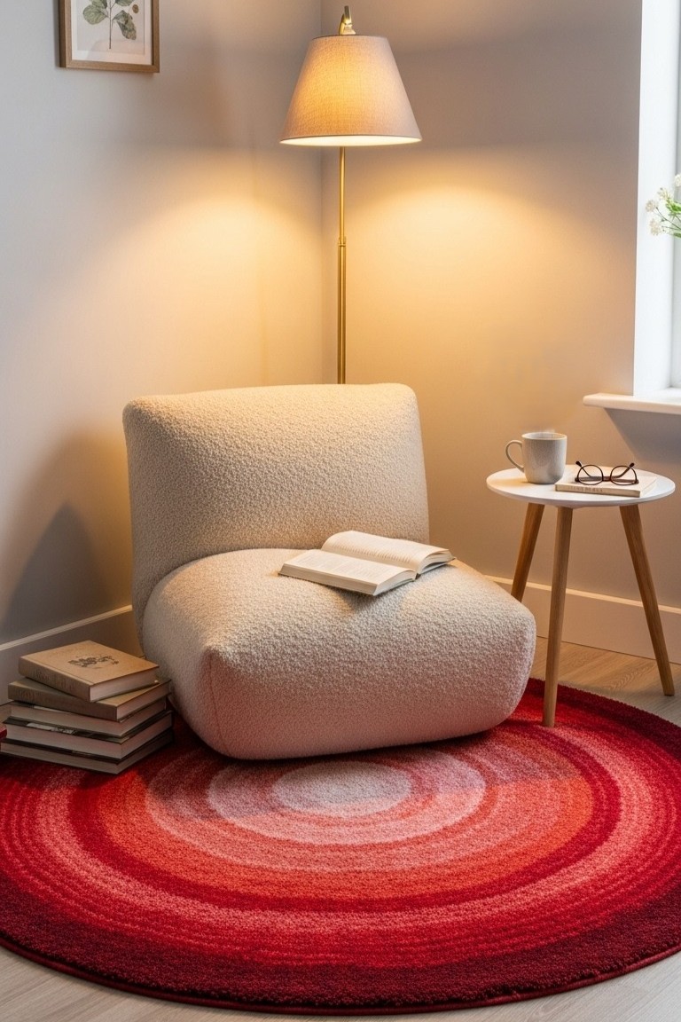 Sweeten Your Space: A Guide to Playful Fruit Decor 5 A comfortable, low-profile armchair in a corner with a floor lamp and a round area rug with a red and pink circular gradient design.
