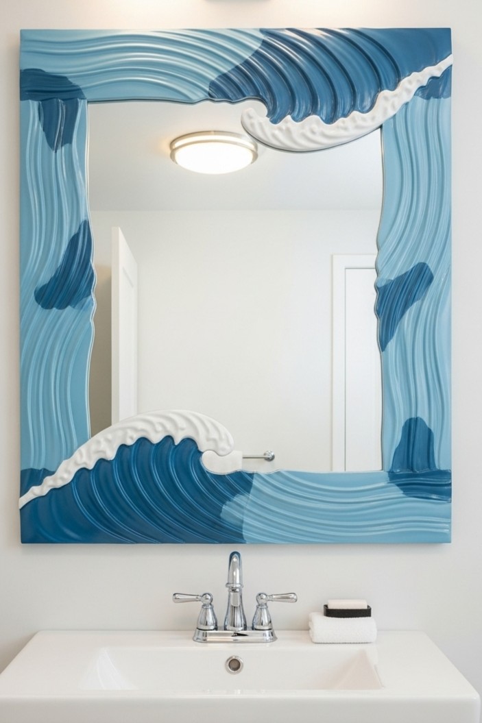 Beyond the Beach House: 5 Fresh Ways to Bring the Ocean Home 1 A square vanity mirror with an artistic frame sculpted to look like blue and white ocean waves, mounted above a white sink.