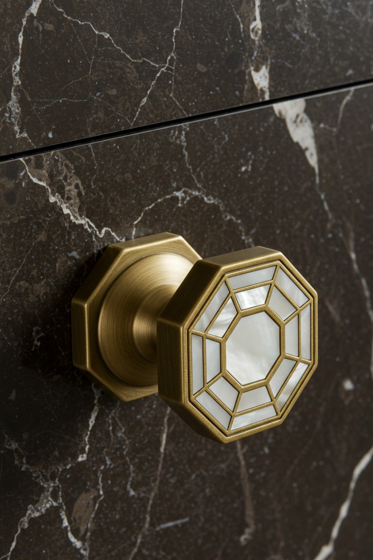 A Deeper Look at 7 Art Deco Handles That Tell a Story 5 An octagonal Art Deco knob with mother-of-pearl inlay on a dark marble cabinet.