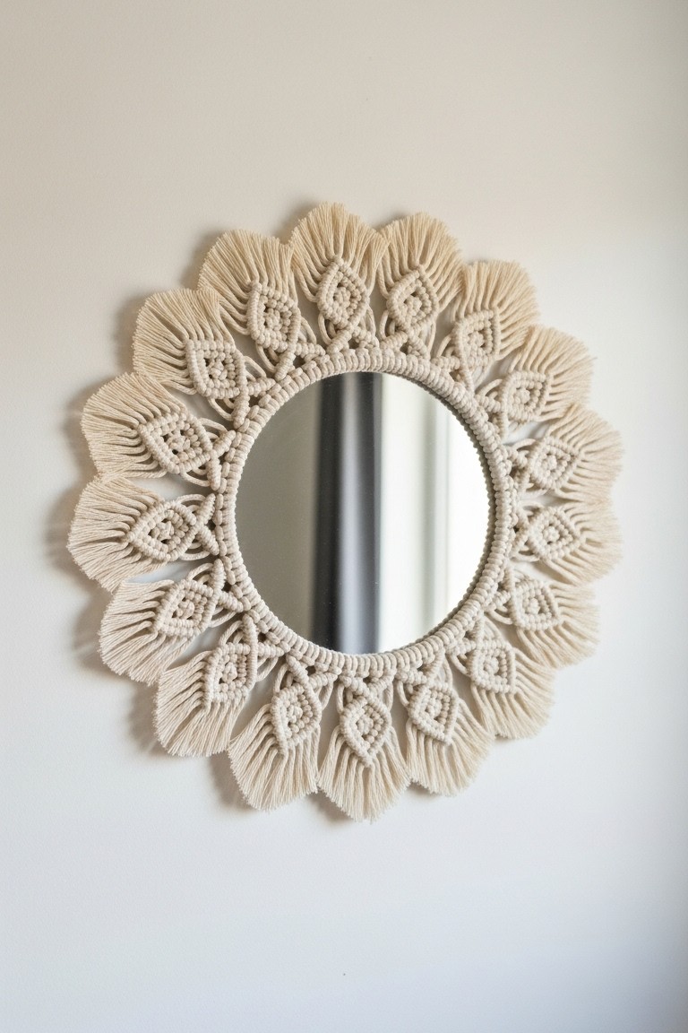 Woven Wonders: How Macrame Decor Softens Any Space 5 A circular wall mirror is elegantly framed with a radial sunburst pattern of intricate macrame knots and a soft fringe.