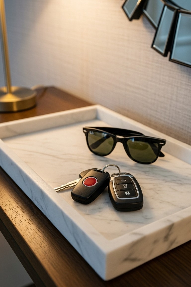 Car keys and a pair of black sunglasses placed neatly inside a rectangular white marble tray on an entryway console table for easy access.