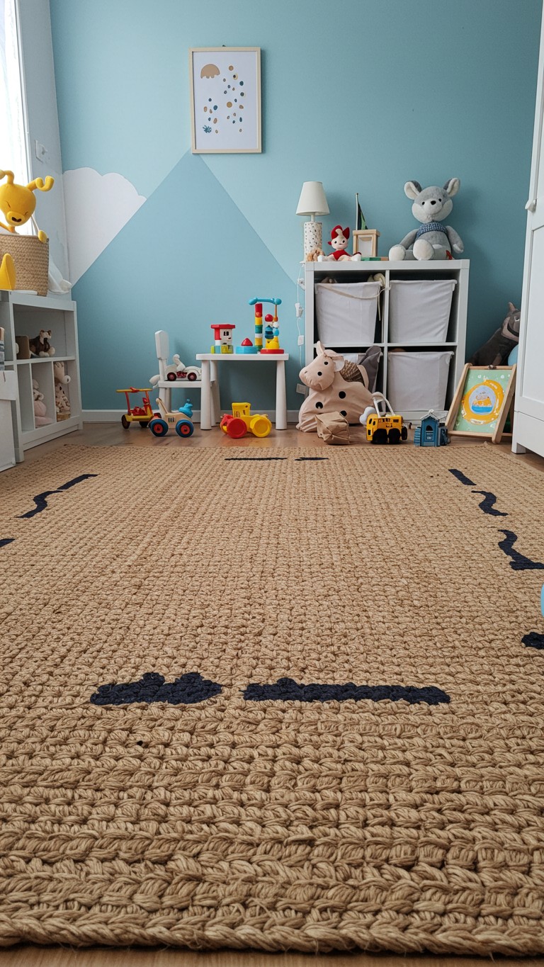 A durable, large-weave natural jute rug with subtle dark stripes serves as a practical and stylish foundation in a brightly lit children's playroom.