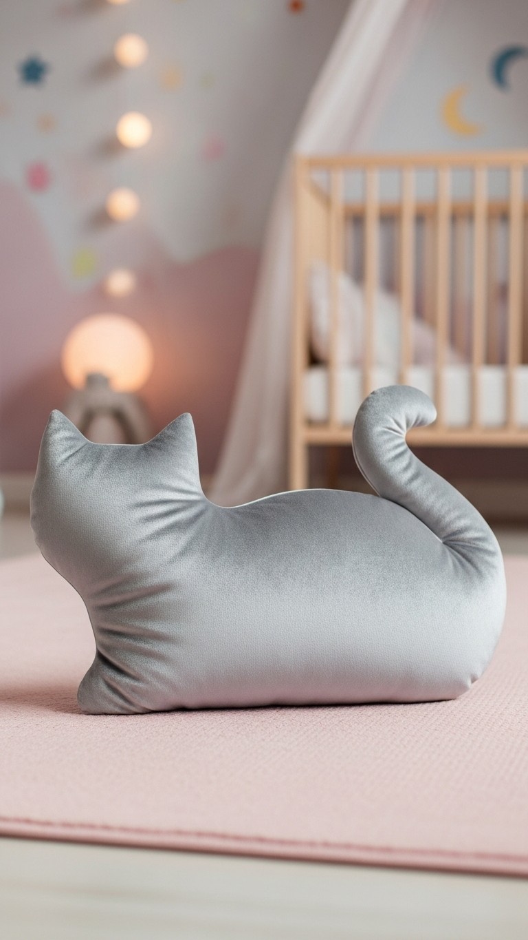 A stylized, cat-shaped silhouette pillow in a soft gray velvet, sitting on a pink rug in a child's room with a crib in the background.