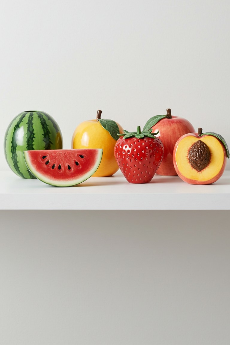 Sweeten Your Space: A Guide to Playful Fruit Decor 6 A collection of realistic ceramic fruit decorations, including a watermelon, strawberry, peach, and apple, arranged on a white shelf.