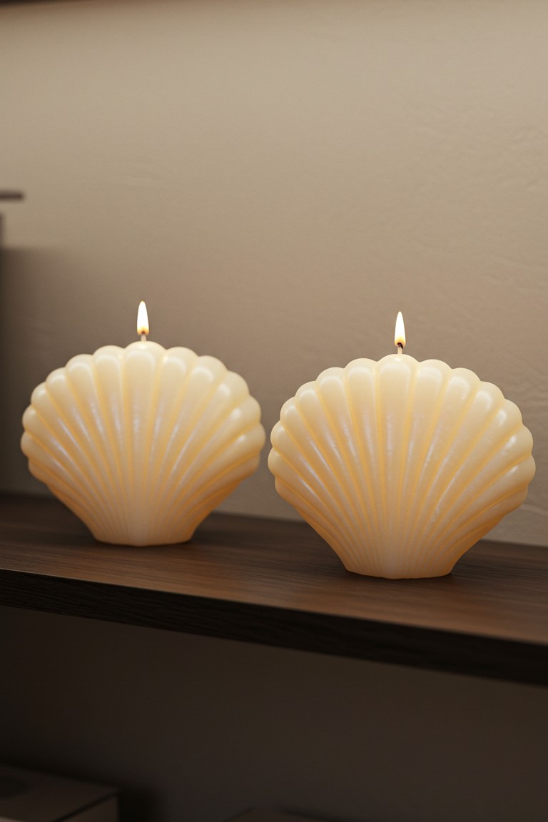 Beyond the Beach House: 5 Fresh Ways to Bring the Ocean Home 5 Two cream-colored, scallop-shaped candles with burning wicks, sitting on a dark wooden shelf in a softly lit room.