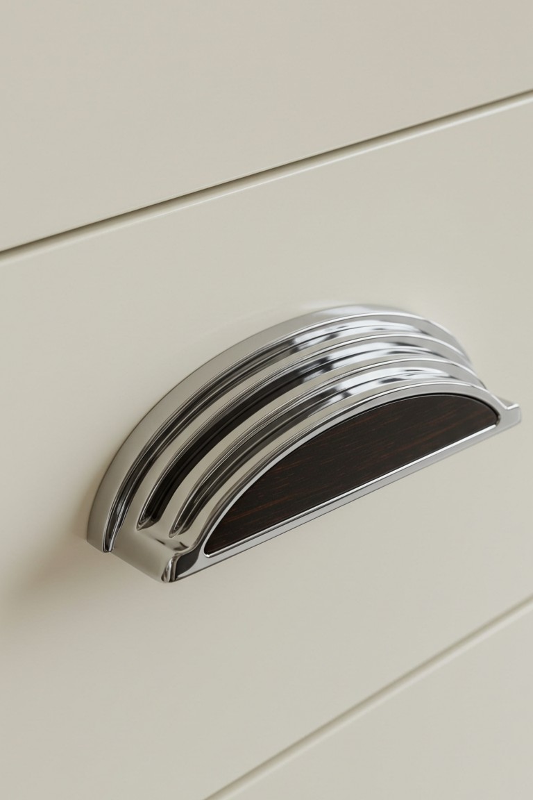 A Deeper Look at 7 Art Deco Handles That Tell a Story 6 A sleek Streamline Moderne chrome and wood pull handle on a cream-colored drawer.