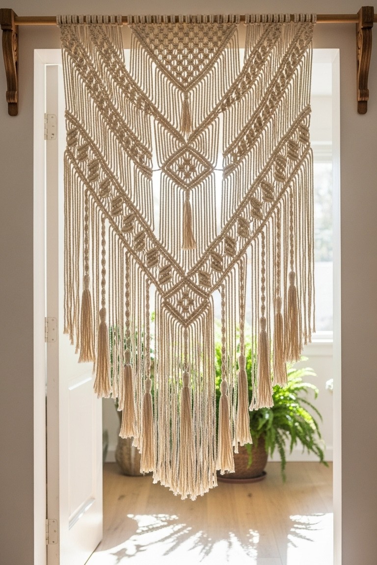 Woven Wonders: How Macrame Decor Softens Any Space 6 A long macrame wall hanging with tassels is used as a decorative curtain or valance to frame a doorway with a sunlit room beyond.