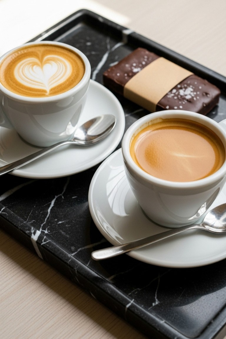 An elevated coffee break with two white cups of coffee and a chocolate brownie served elegantly on a rectangular black marble tray.