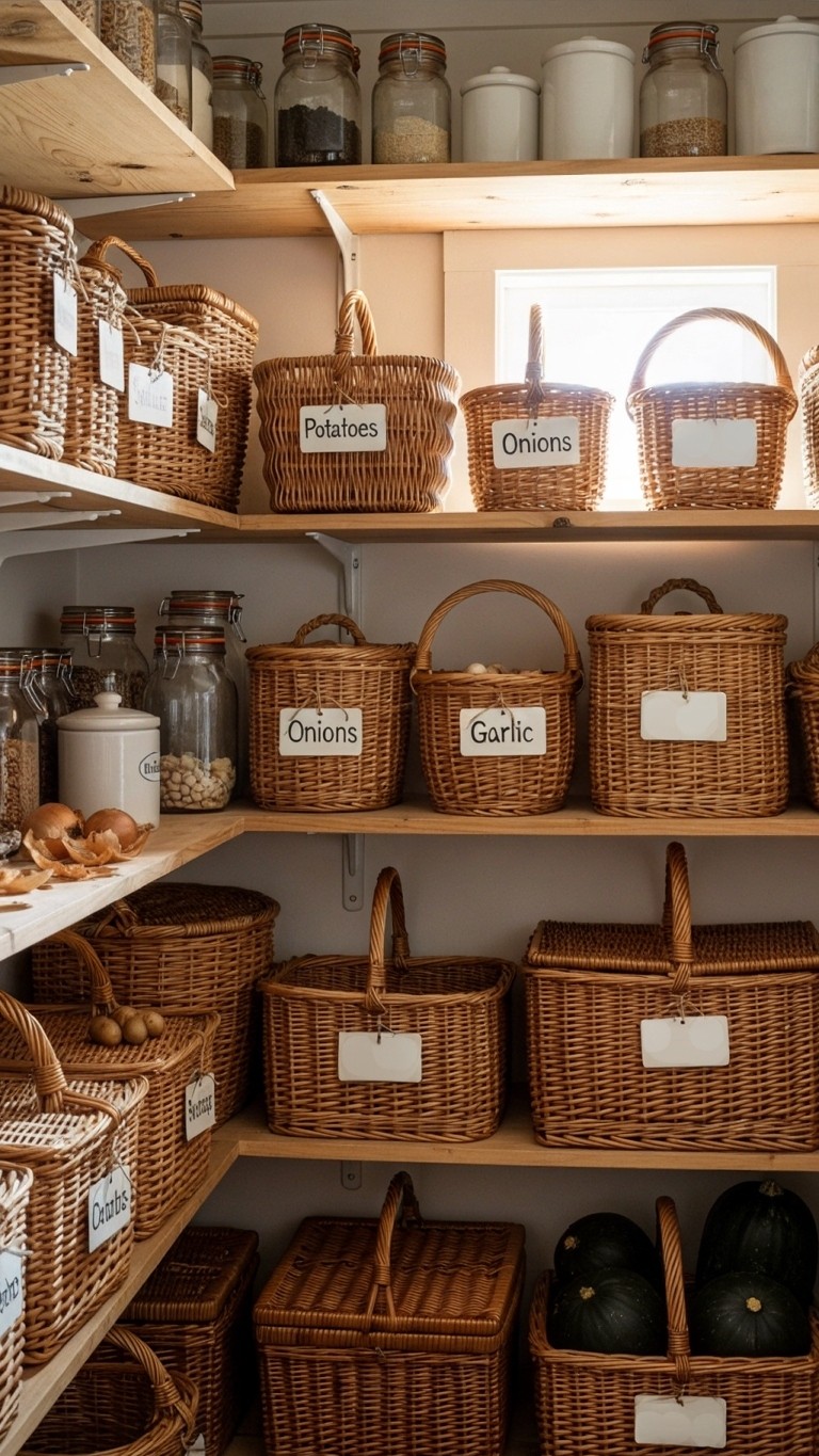 A well-stocked pantry with wooden shelves neatly arranged with various wicker baskets holding produce, each with a white label.