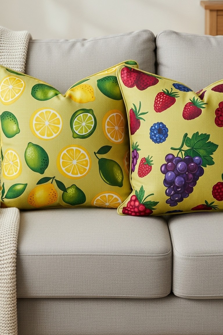 Sweeten Your Space: A Guide to Playful Fruit Decor 7 Two vibrant throw pillows with fruit patterns—one with lemons and limes, the other with grapes and berries—resting on a light grey sofa.