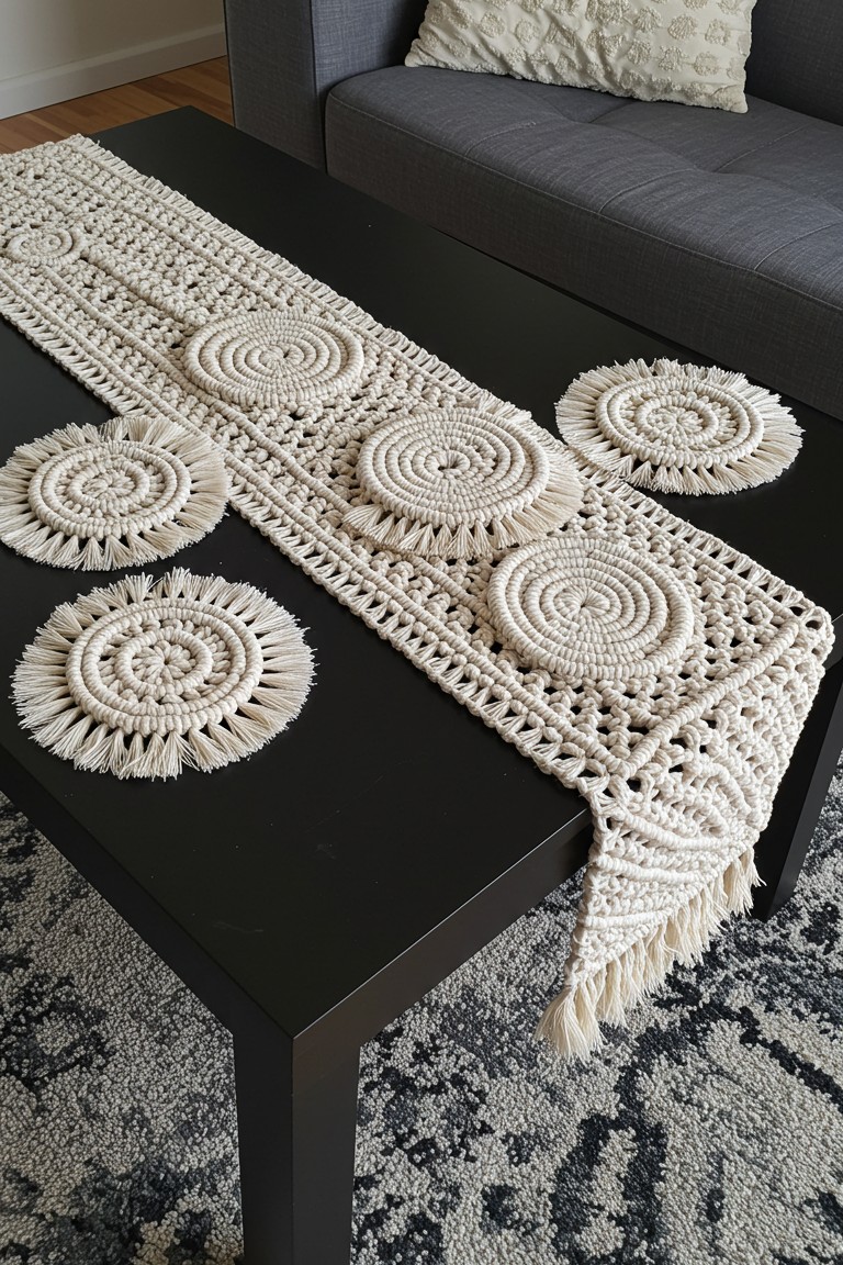 Woven Wonders: How Macrame Decor Softens Any Space 7 A handcrafted macrame table runner and matching circular coasters add a layer of texture and style to a modern black coffee table.