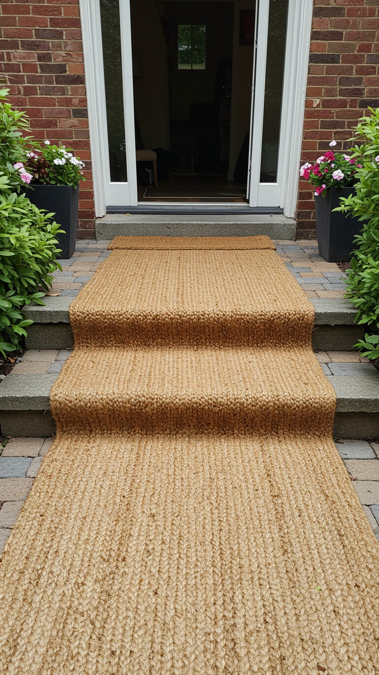 A thick, natural fiber runner is expertly fitted to cover a series of outdoor stone steps leading up to the front door of a brick house.