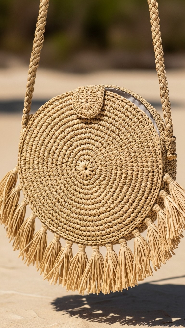 A close-up of a round, beige crocheted bag with a braided strap and tassels, resembling a straw bag, on a sandy background.