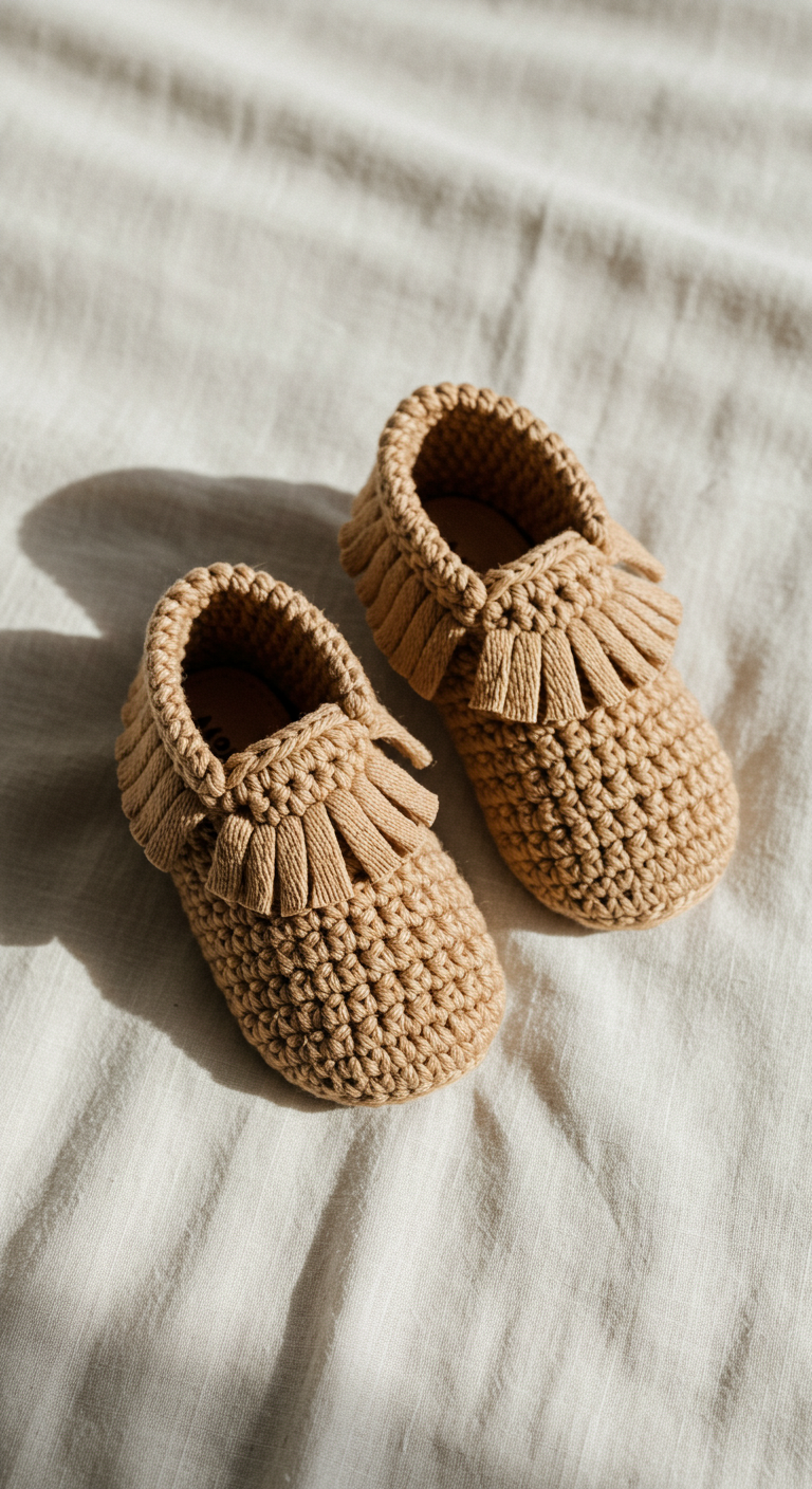 A pair of hand-crocheted tan baby moccasins with fringe detail, resting on a white linen cloth in natural sunlight.