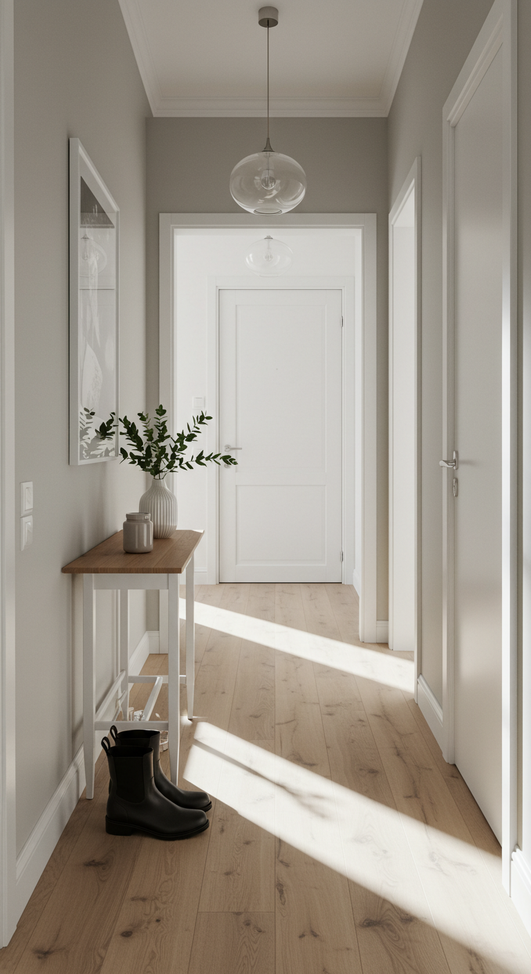 A bright, narrow entryway with a slim console table, a vase of greenery, and a pair of black boots neatly placed underneath.
