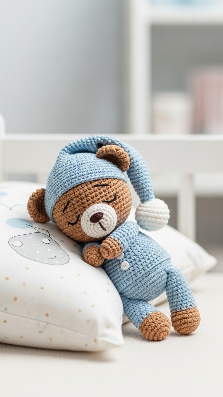 A brown crocheted teddy bear wearing a blue sleeping cap and pajamas, lying asleep on a white pillow.
