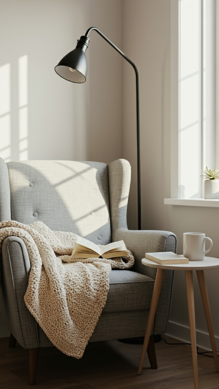 A cozy reading nook in a sunlit corner featuring a grey armchair with a cream blanket, a black floor lamp, and a side table with a cup of coffee.