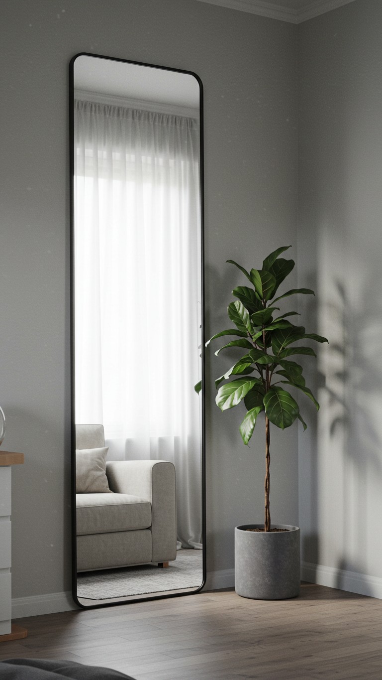 A tall, black-framed floor mirror leaning against a grey wall in a living room, reflecting light and making the space feel larger.