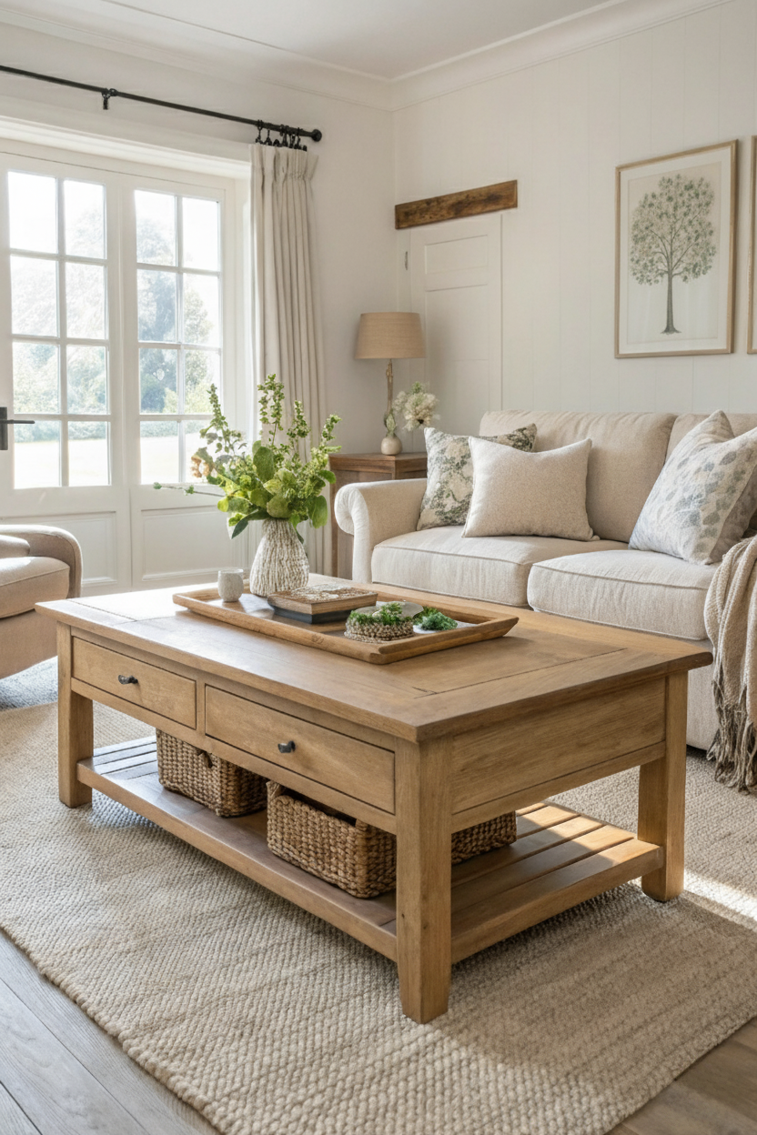 A beautifully styled light oak coffee table in a sunlit living room with a neutral-toned sofa and a large window.