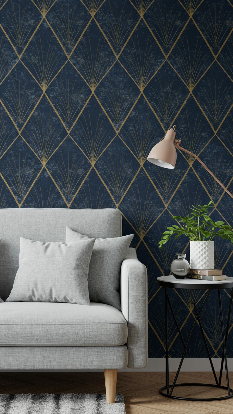 A stylish living room with a gray sofa against an accent wall covered in a sophisticated navy blue and gold art deco peel and stick wallpaper.