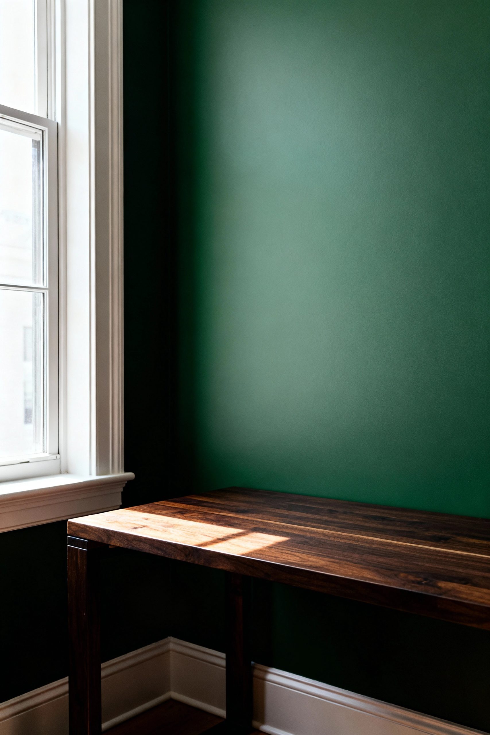 A home office corner featuring a dark green accent wall and a dark wood desk, demonstrating a key element of the Dark Academia color palette.