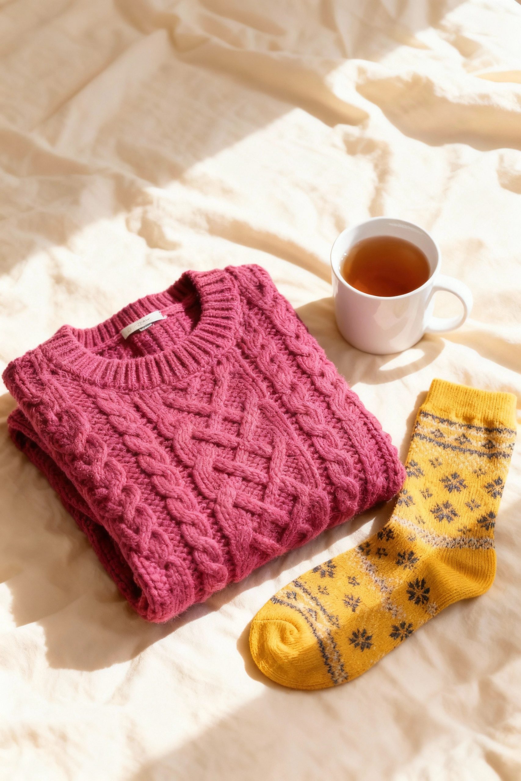 A cozy flat lay with a folded pink sweater, yellow patterned socks, and a cup of tea on a sunlit, beige bedspread, representing dopamine dressing at home.
