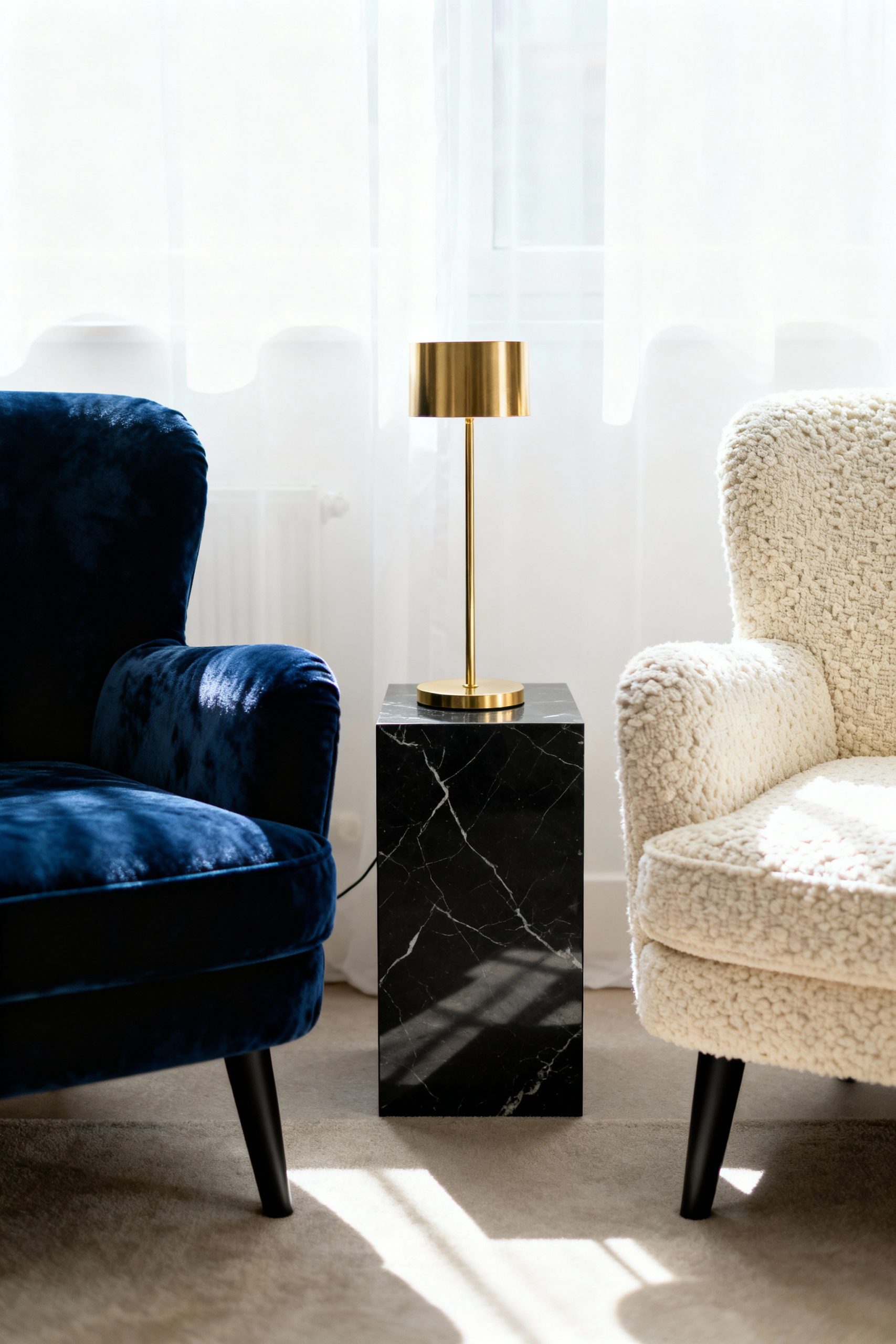 A stylish navy velvet armchair and a cream bouclé armchair face each other with a modern black marble side table and brass lamp between them.