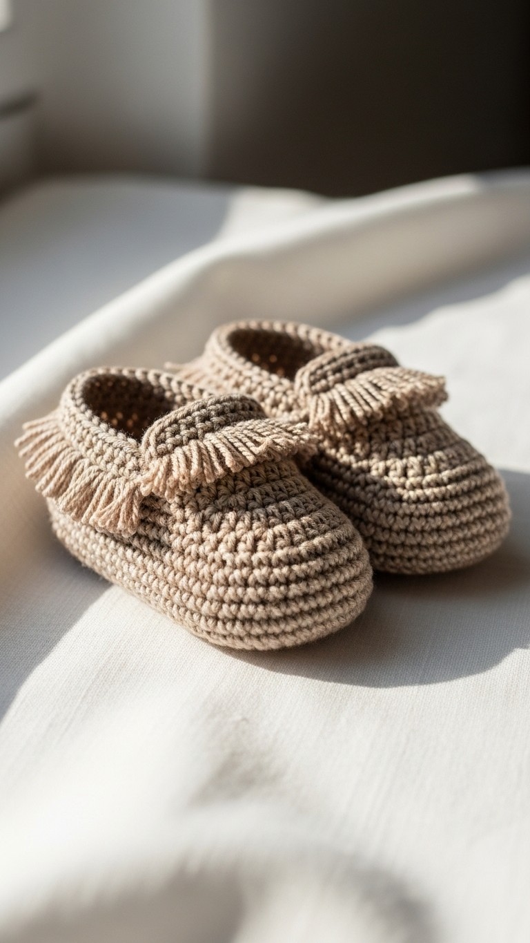 A pair of hand-crocheted brown baby moccasins with fringe, resting on a white sunlit cloth.