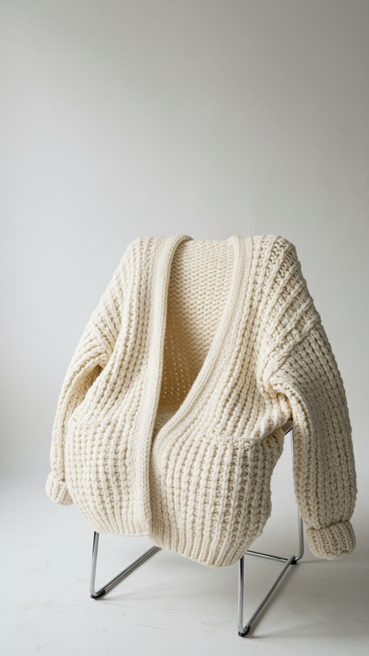 A cozy, oversized off-white chunky knit cardigan with thick ribbing and cuffed sleeves, displayed on a minimalist chair against a plain white background.