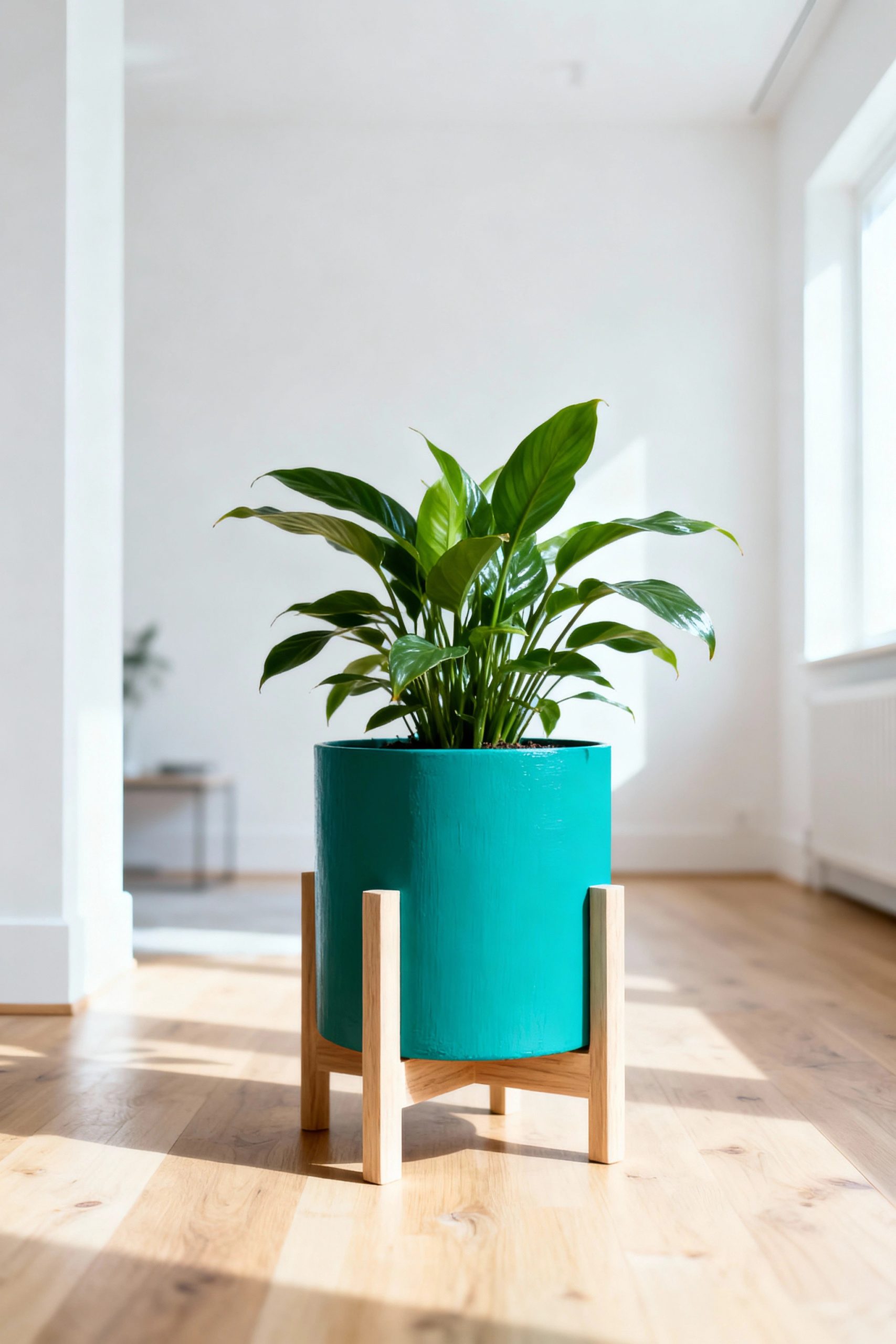 A green houseplant in a modern, vibrant teal planter on a wooden stand, providing a pop of color in a bright, minimalist living room.