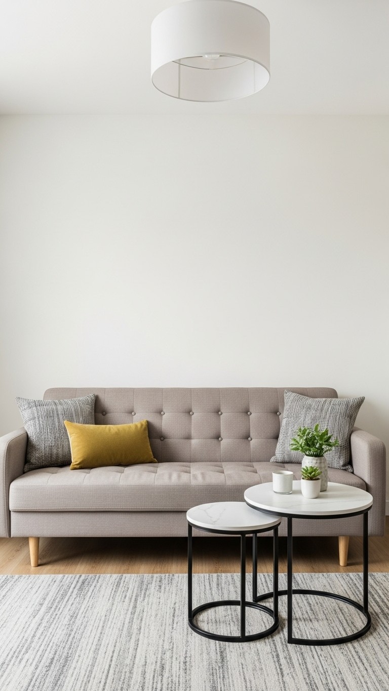 A perfectly scaled, apartment-sized sofa paired with small nesting tables to show the importance of correct furniture scale in a compact room.