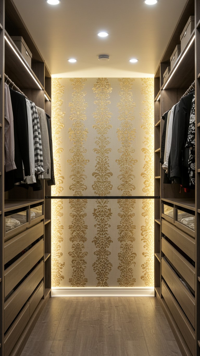 An organized walk-in closet with the back wall decorated in an elegant gold damask peel and stick wallpaper for a touch of luxury.