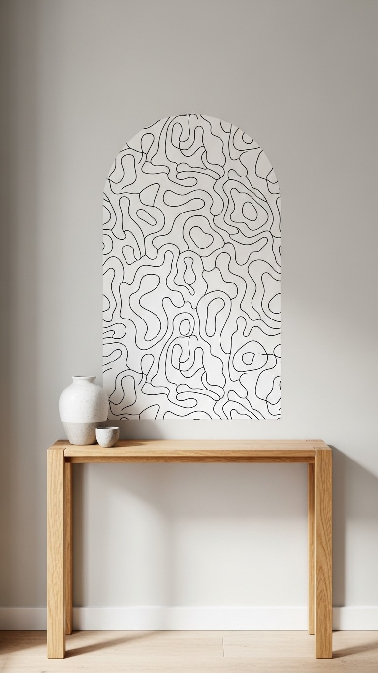 A modern arch accent made from abstract line-art peel and stick wallpaper on a neutral wall behind a simple wooden console table.