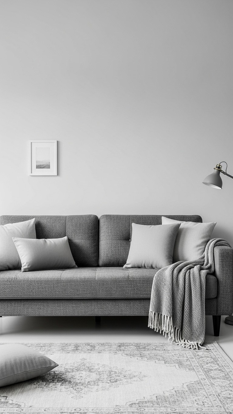 An elegant living room designed with a monochromatic color scheme using various shades and textures of grey to create a cohesive and expansive look.