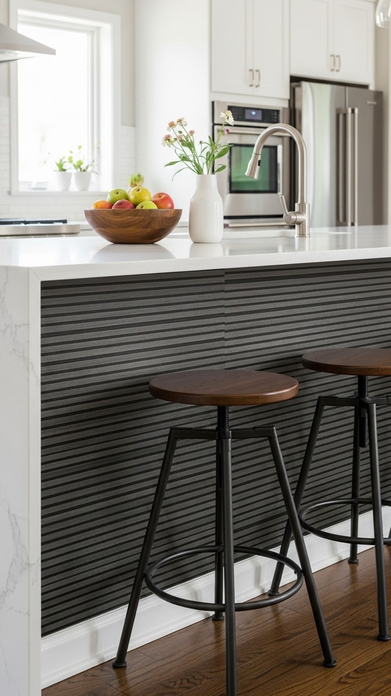 The front panel of a modern kitchen island covered in a dark, textured, horizontal stripe peel and stick wallpaper for a custom look.