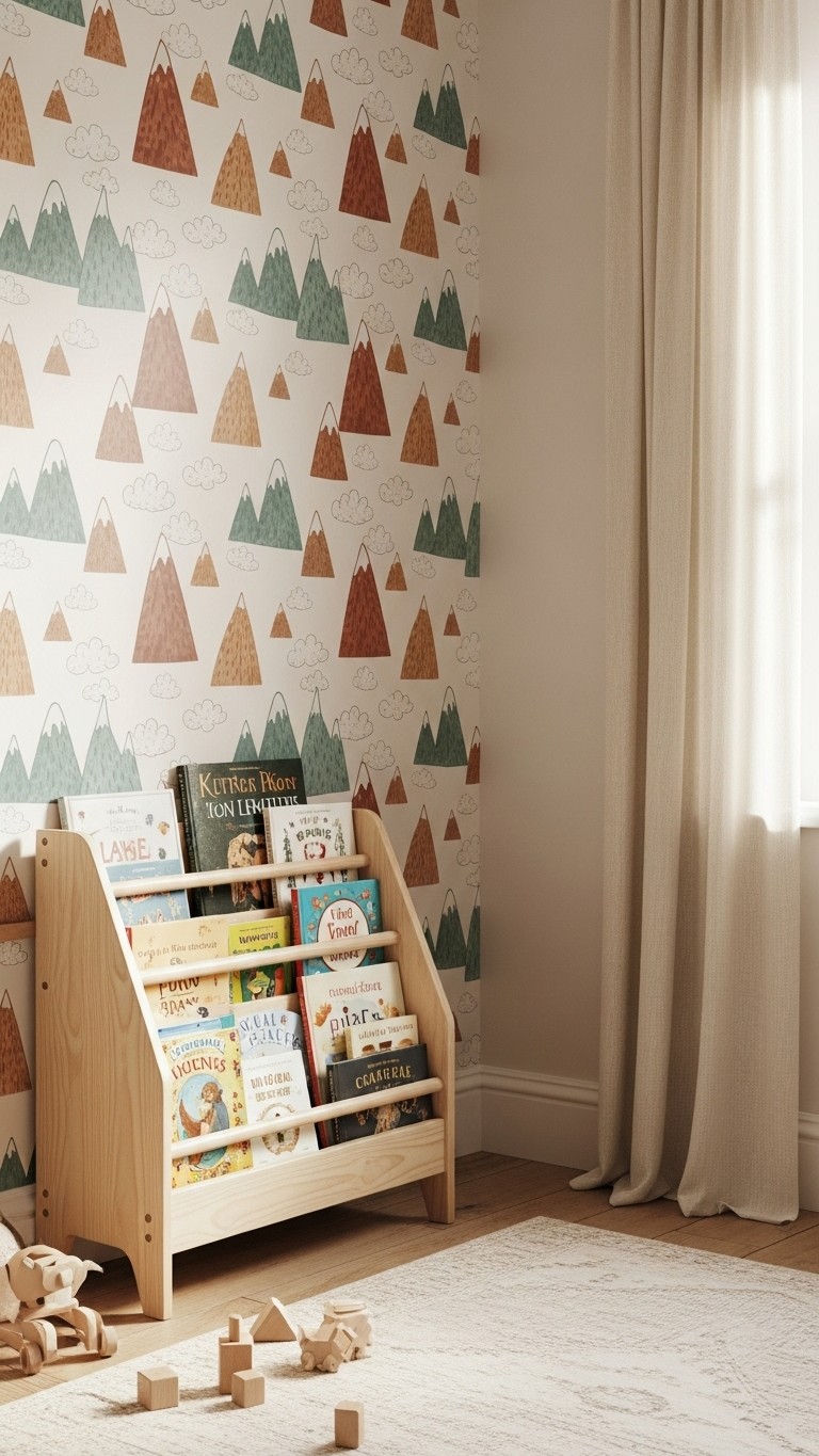 A charming kid's room corner featuring a wall with a playful, earthy-toned mountain pattern peel and stick wallpaper behind a small bookshelf.