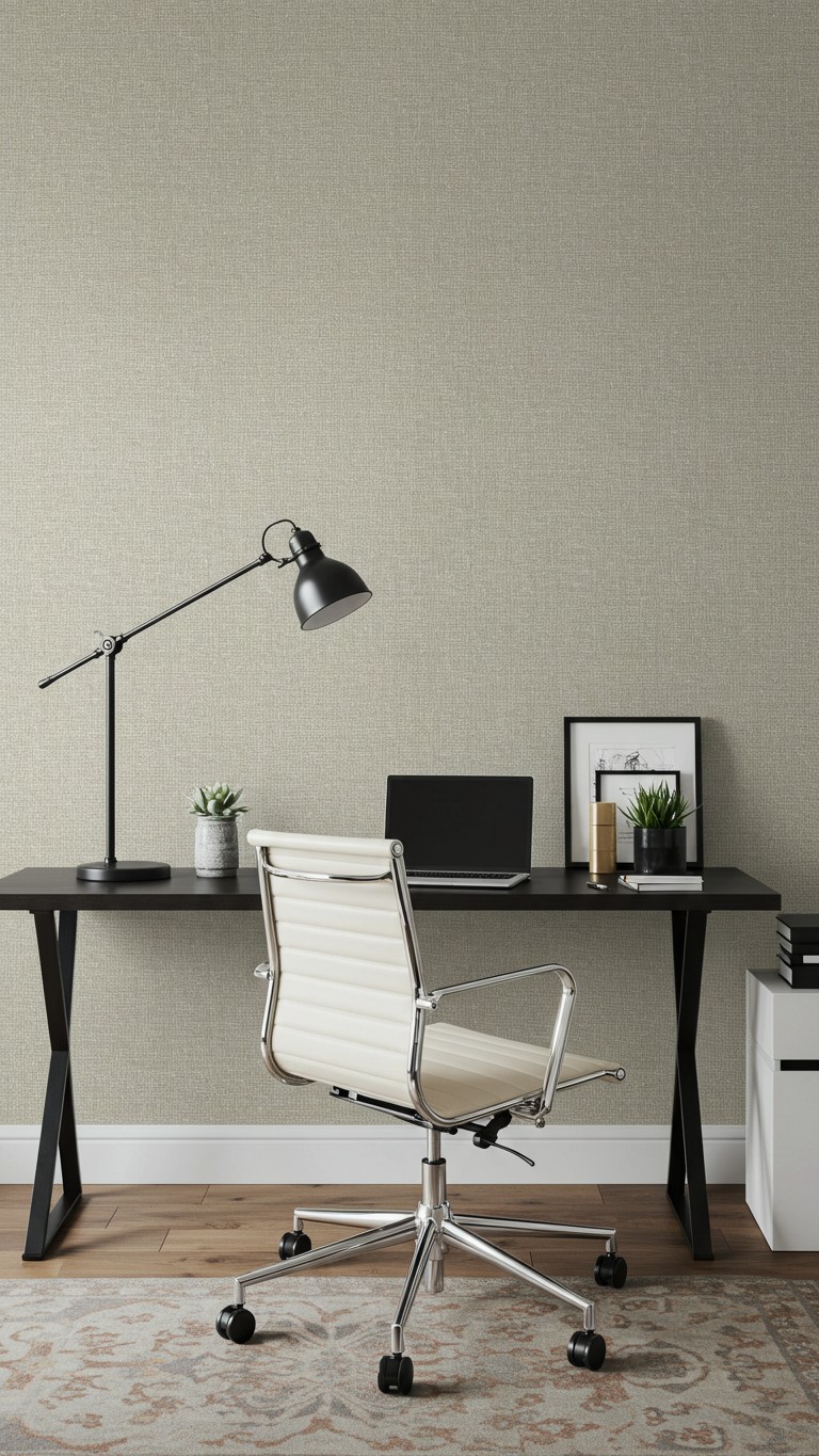 A professional home office with a subtle, textured beige peel and stick wallpaper behind the desk, making a perfect Zoom background.