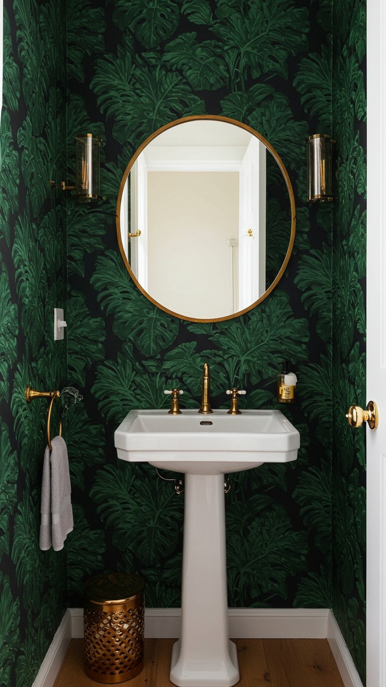A bold powder room decorated with a dark green tropical monstera leaf peel and stick wallpaper, featuring a round brass mirror and pedestal sink.