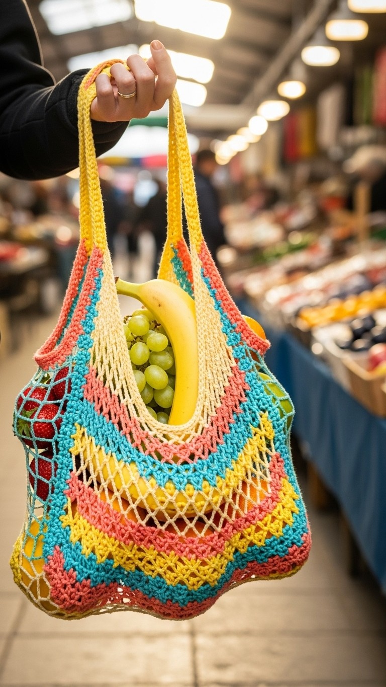 A hand holding a brightly colored crocheted net bag filled with a banana and grapes in a bustling indoor market.