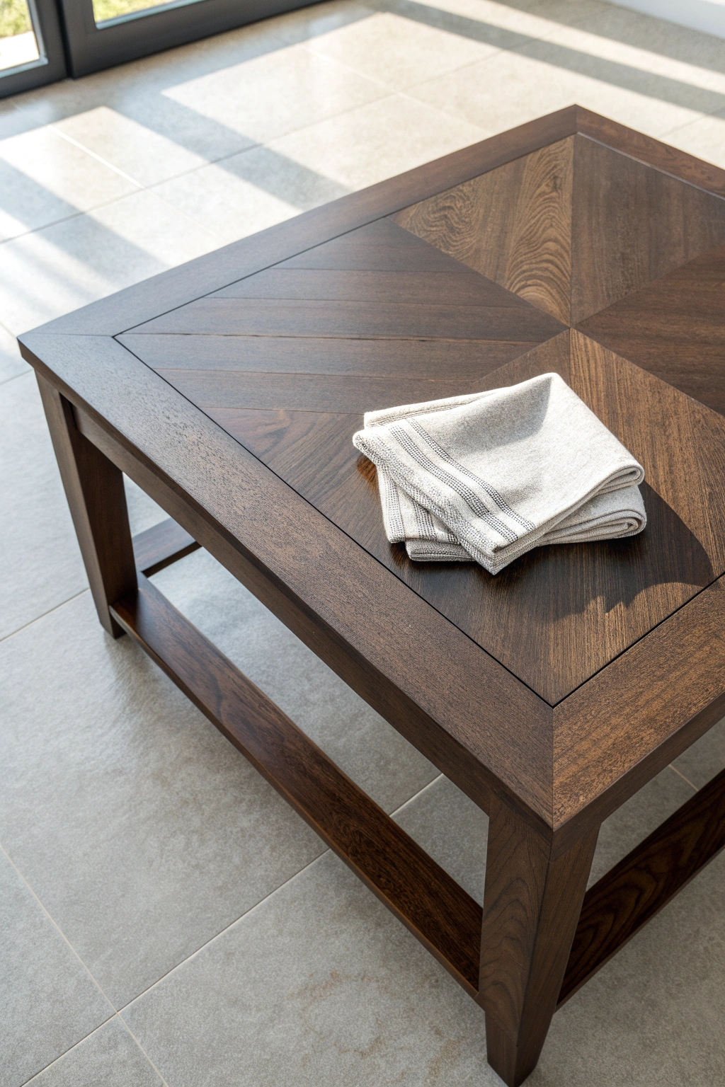 Top-down view of a clean, empty dark wood coffee table with a simple linen cloth in the corner, ready for styling.