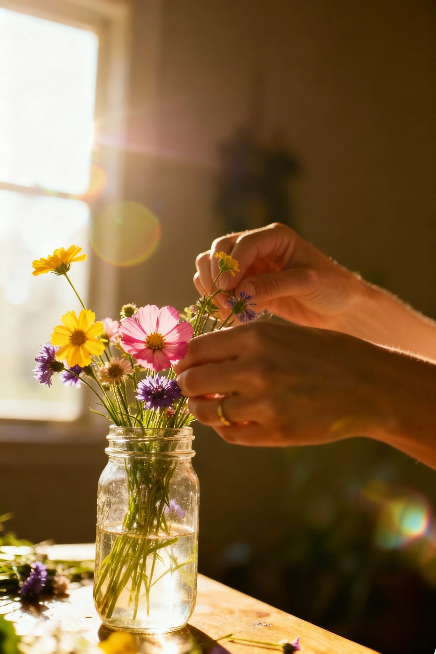 Close-up of a person's hands arranging a small bouquet of colorful wildflowers in a clear glass jar on a wooden table, with bright sunlight streaming from a window.