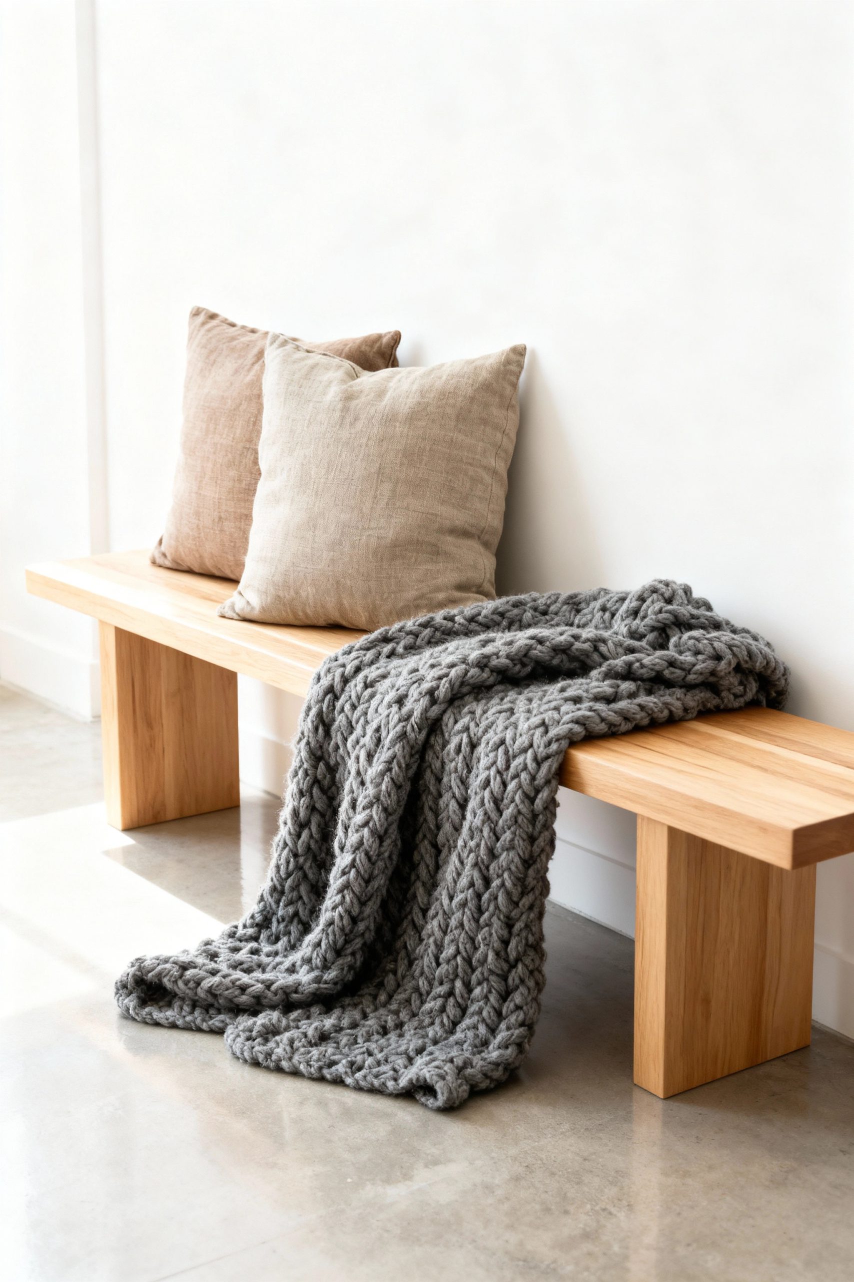 A light oak wood bench against a white wall, styled with two linen cushions and a chunky grey knit throw blanket.