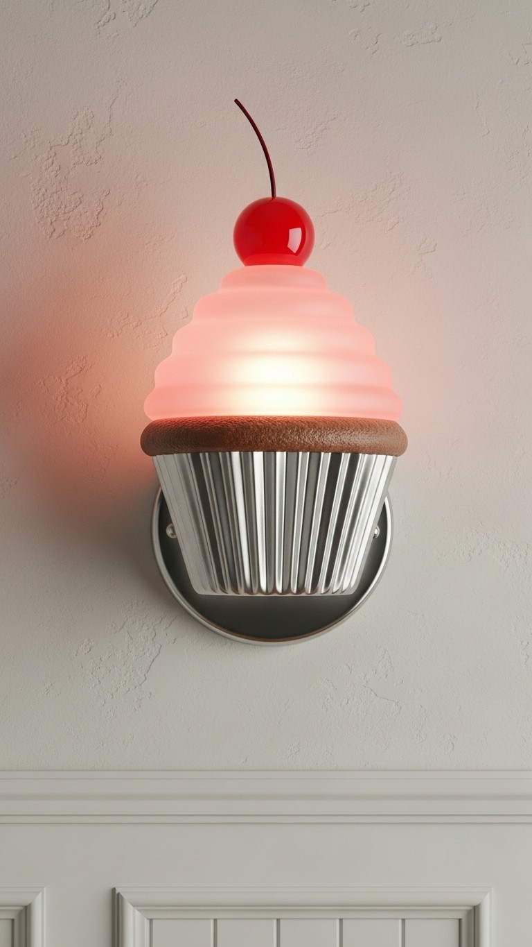 A whimsical wall-mounted light fixture in the shape of a cupcake with pink frosted glass and a red cherry on top, glowing warmly against a light wall.