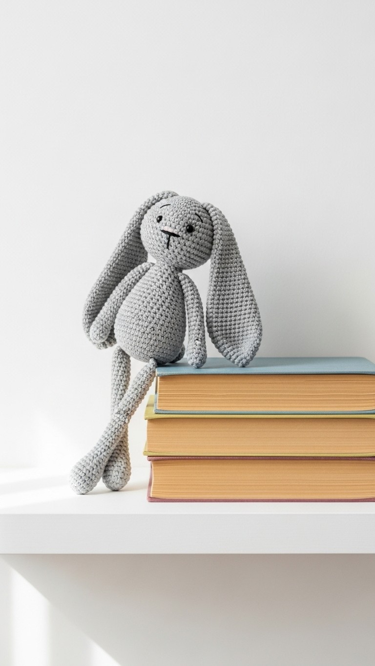A handmade gray amigurumi bunny with long ears sitting on top of a stack of colorful books on a white shelf.